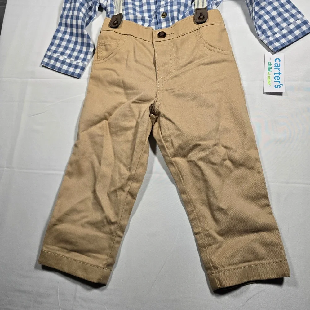 Carter's Boys 18M Gingham Shirt Khaki Pants Suspenders Set 3PC NEW